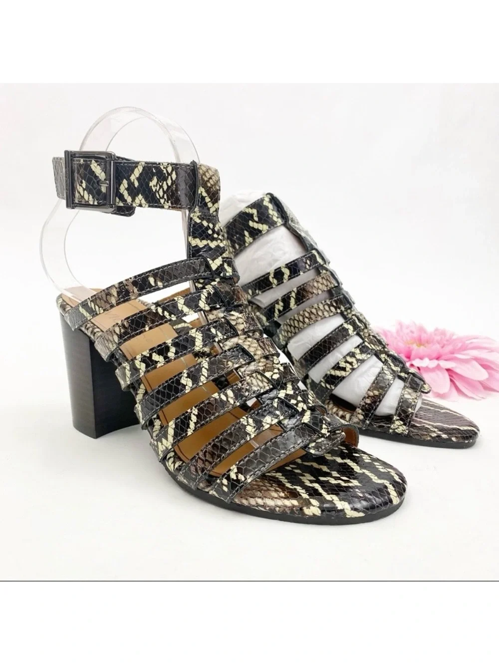 Vionic Perk Sami Leather Caged Heeled Sandals: Black Boa Snakeskin